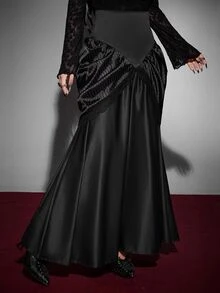 Whyspr Plus Size Black Lace Patchwork High Waist A-Line Halloween Skirt - Black - View 5