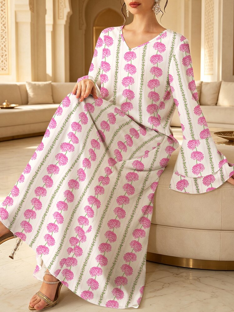 Al Najma Women's Elegant V-Neck Ruffle Sleeve Full Skirt Printed Dress, Exquisite Floral Pattern Print, Pattern, Conservative Dress, Polyester Material, Suitable For Home, Outings, Holidays, Parties, Gatherings. Dress, Flowy Dress, Vintage Dress, Women's Long Sleeve Dress. - Pink - View 1