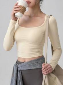 DAZY Women's Solid Color Back Cutout Long Sleeve Sports T-Shirt Fall - Beige - View 10