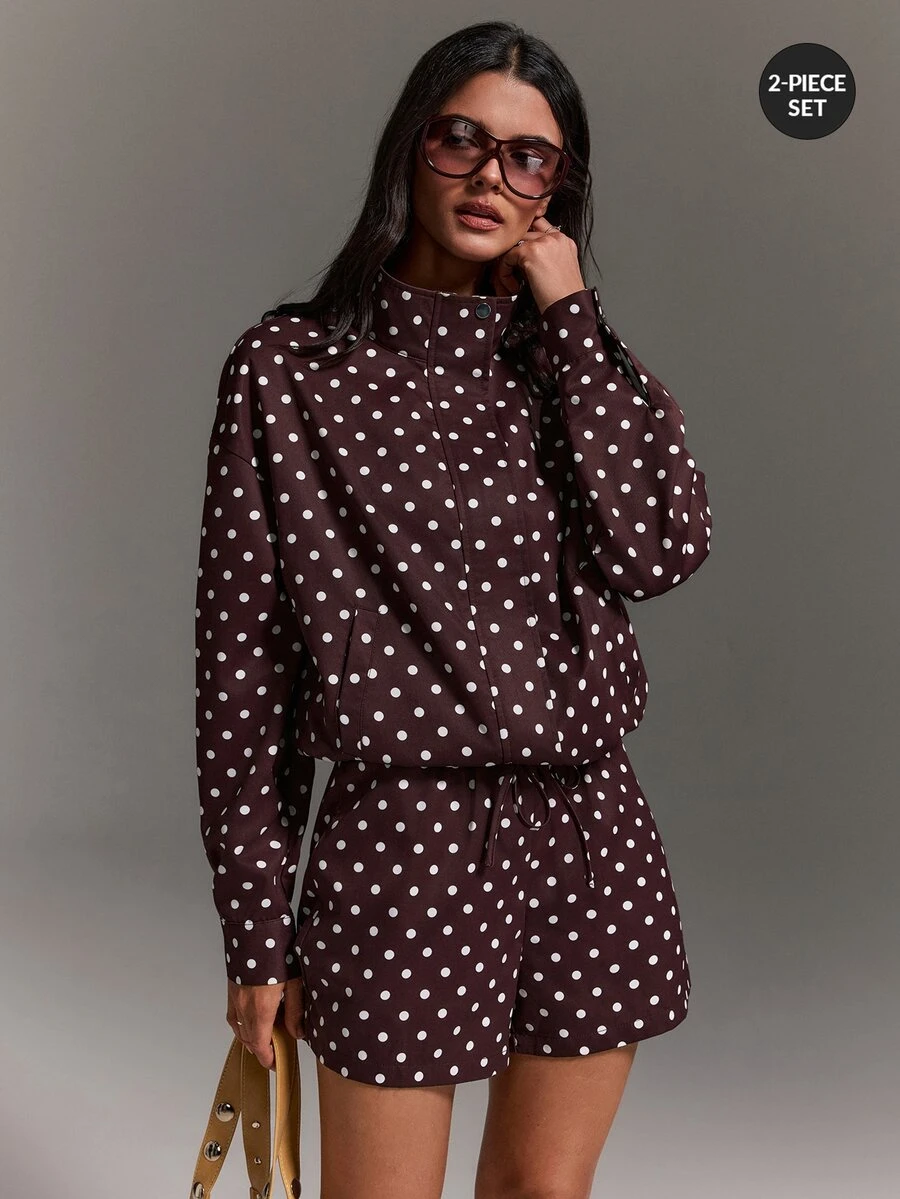 Athîral Setelan 2 Potong Jaket dan Celana Pendek Kasual Wanita, Musim Gugur/Dingin - Coklat - View 1