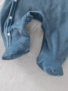 Newborn Dusty Blue Dinosaur Embroidered 3D Triangle Decor Round Neck Asymmetric Front Closure Footed Jumpsuit Hat Home Wear Set Sleep Autumn Baby - Navy Blue - View 7