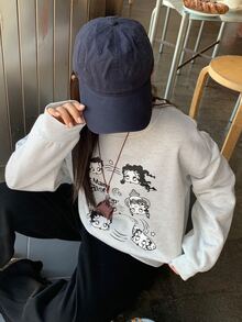 Betty Boop x DAZY Curve Cartoon Print Crew Neck Thermal Lined Thick Casual Loose Long Sleeve Sweatshirt For Spring Autumn Winter - Light Grey - View 7