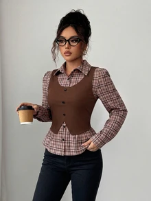 Elenzga 女款棕色格紋拼接羅紋布料領口收腰設計 2 合 1 優雅教師風套裝，適合日、Cyber Monday、萬聖節、單身派對、平安夜、聖誕節、感恩節，秋季襯衫上衣服飾，新款必備時尚單品，小眾設計，百搭風格 - 摩卡棕 - 查看 3