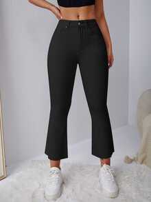 SHEIN EZwear 女款時尚百搭鈕扣口袋喇叭腳踝長牛仔褲 - 黑色 - 查看 4