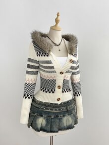 Elamini Women's Fashion Versatile Heavy-Duty Fur Collar Daily Commute Outfit Autumn/Winter Fair Isle Cardigan - Multicolor - View 3