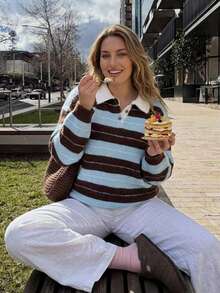 Livesso Korean Style Striped Collared Long Sleeve Sweater For Autumn/Winter - Blue - View 1