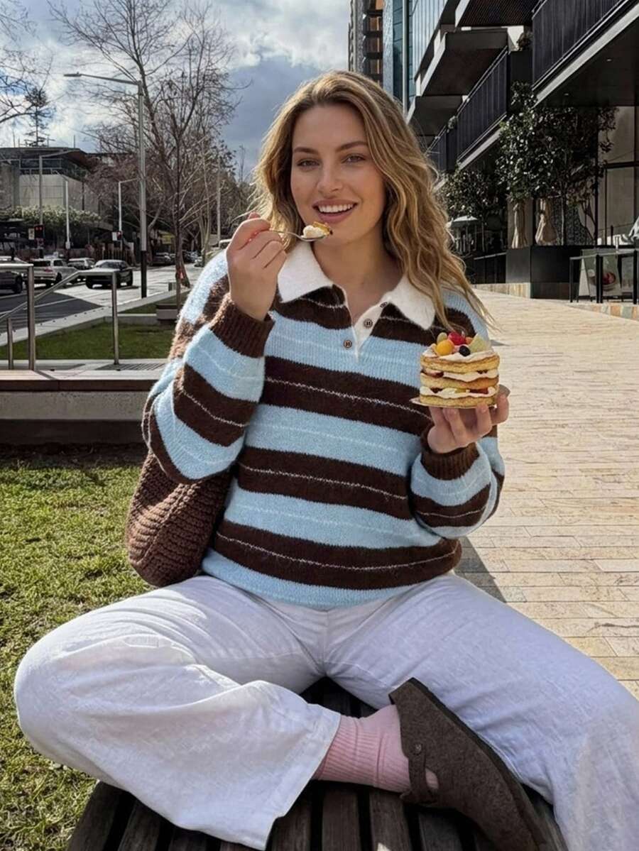Livesso Korean Style Striped Collared Long Sleeve Sweater For Autumn/Winter - Blue - View 1