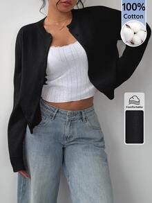 SHEIN BASICS 女款素色休閒百搭日常穿著長袖開襟衫 - 黑色 - 查看 5