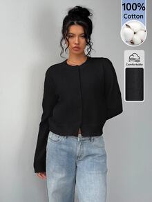 SHEIN BASICS 女款素色休閒百搭日常穿著長袖開襟衫 - 黑色 - 查看 3