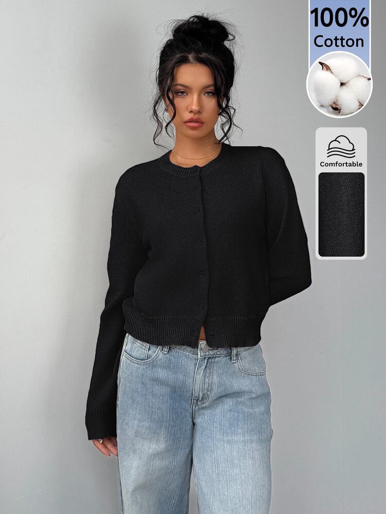 SHEIN BASICS Women's Solid Color Casual Versatile Daily Wear Long Sleeve Cardigan - Black - View 3