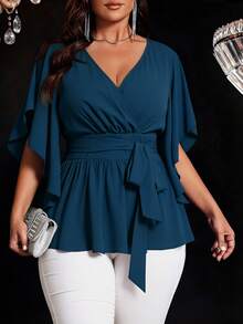 Auvina Plus Size Women's Solid Color Fitted V-Neck Short Sleeve Tie Waist Ruffle Hem Elegant Daily Party Blouse - Teal Blue - View 1