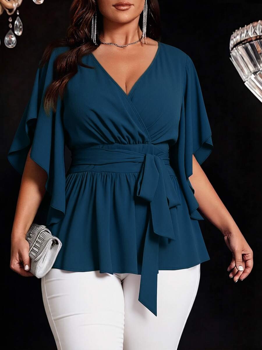 Auvina Plus Size Women's Solid Color Fitted V-Neck Short Sleeve Tie Waist Ruffle Hem Elegant Daily Party Blouse - Teal Blue - View 1