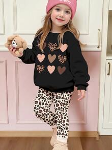 Young Girl 1pc Leopard & Bow Print Drop Shoulder Sweatshirt & 1pc Leggings - Multicolor - View 3