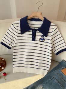 CovetEZ Top de punto con cuello polo, bordado de dibujos animados y patrón a rayas - Multicolor - Ver 3