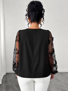 Elenzga Plus Size Women's Autumn/Winter Fashion Elegant Mesh Embroidered Round Neck Long Sleeve Blouse - Black - View 2