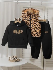SHEIN Playful Pals 女童秋冬新款時尚休閒三件套：連帽背心 + 休閒運動圓領衛衣 + 成套運動長褲 - 黑色 - 查看 8