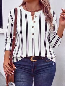 SHEIN LUNE Fashion Vintage Casual Basic Plus Size T-Shirt With Button Design, White Base And Black Vertical Stripe Print - Multicolor - View 1