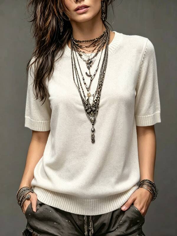 SHEIN Women's Solid Color Round Neck Short Sleeve Casual Versatile Knit Top