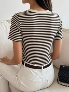 DAZY Women's Striped Short Sleeve T-Shirt, Summer Versatile Loose Round Neck Pullover Top - Rust Brown - View 6