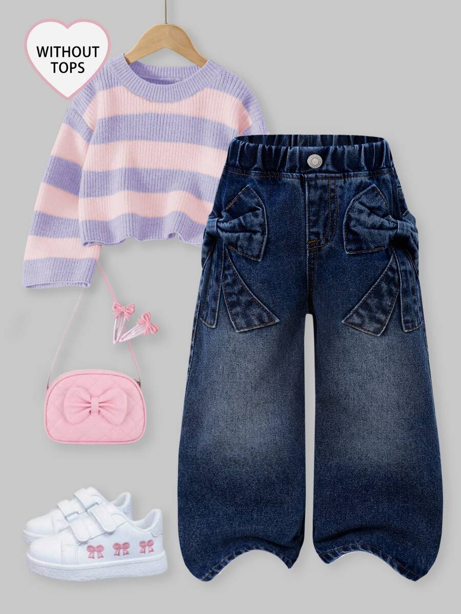 SHEIN Playful Pals 女童休閒百搭可愛蝴蝶結提花口袋舒適寬鬆直筒水洗牛仔長褲,適合日常穿著 - 深色水洗藍 - 查看 1