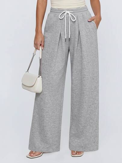 Avantive Pantaloni sport casual retro pentru femei, cu șnur în talie, plisați, cu picior larg, largi, lungime până la pământ, stil slouchy
