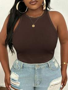 Slaydiva Camiseta de tirantes ajustada de talla grande de color liso - Marrón - Ver 4
