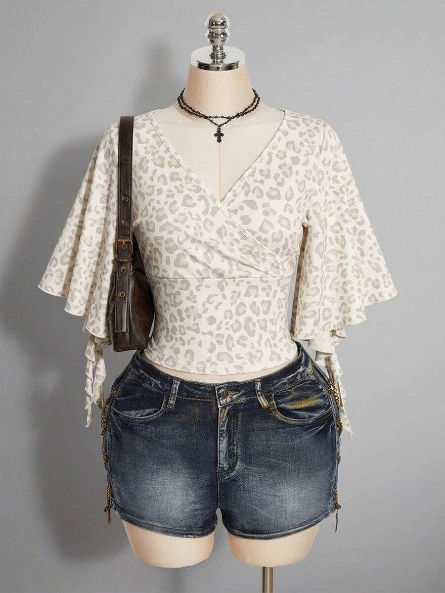 SHEIN ICON تي شيرت مقاس كبير بطبعة نمر وأكمام مكشكشة - متعدد الألوان - مشاهدة 1