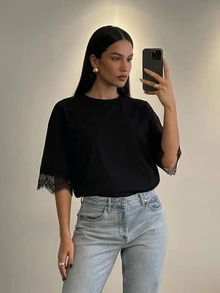 Firerie Women's Solid Color Round Neck Lace Cuff Patchwork Fashion Bodysuit - Black - View 5