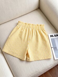 Franclia Women's Striped Ruffle Waist Tie Casual Shorts - Yellow - View 2