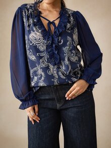 Nubod Plus Size Women's Autumn Casual Printed Patchwork Ruffle Hem Blouse - Navy Blue - View 6