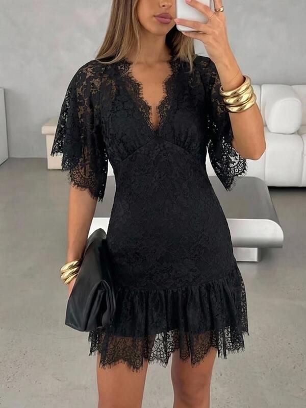 Aloruh Vestido de mujer con escote en V profundo, mangas de murciélago, línea A y bajo con volantes, adecuado para vacaciones, fiestas, citas y festivales de música