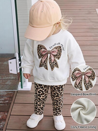THE HAPPY LOOK Young Girl Leopard Print Bow Pattern Knitted Soft Round Neck Long Sleeve Pullover Sweatshirt & Leopard Print Elastic Waist Long Pants 2pcs Set