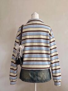 SHEIN EZwear 對比米灰色印花半拉鍊落肩衛衣，校園日常秋季休閒學院風 - 彩色 - 查看 2