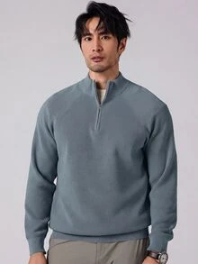 Manfinity Homme 男士休閒素色立領毛衣，秋冬款 - 藍色 - 查看 5