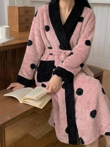 Dazy Plus Plus Size Thermal Lined Thick Plush Polka Dot Elegant Tie Pink Autumn/Winter New Style Robe - Pink - View 1