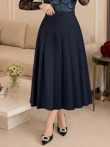 Dazy Plus Pleated Skirt, Versatile Commuter Office Wear, Spring Summer Autumn Mid-Length Skirt - Navy Blue - View 3