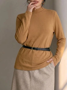 Dazy Plus Solid Color Casual Plus Size Thermal Lined Thickened Mock Neck Versatile Layering Long Sleeve Yellow Autumn/Winter T-Shirt - Yellow - View 8
