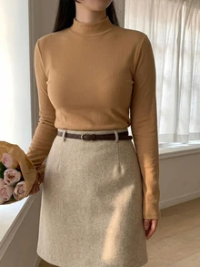 Dazy Plus Solid Color Casual Plus Size Thermal Lined Thickened Mock Neck Versatile Layering Long Sleeve Yellow Autumn/Winter T-Shirt - Yellow - View 7