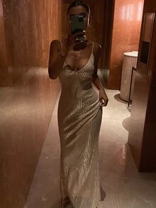 Livesso Women's Fashion Party Club Sequin Mermaid Dress Beige Summer Sexy - Apricot - View 7