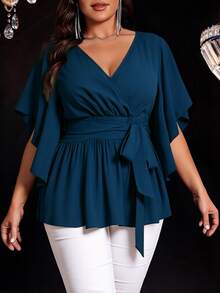 Auvina Plus Size Women's Solid Color Fitted V-Neck Short Sleeve Tie Waist Ruffle Hem Elegant Daily Party Blouse - Teal Blue - View 5