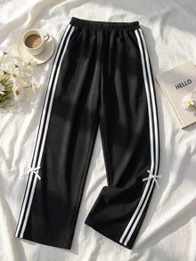 SHEIN 少女對比條紋蝴蝶結裝飾長褲 - 黑色 - 查看 2