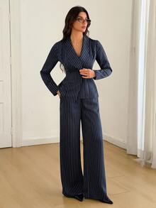 SHEIN Tall Women's Navy Striped Long-Sleeve Business Suit Set (Two Pieces) For Autumn - Navy Blue - View 6