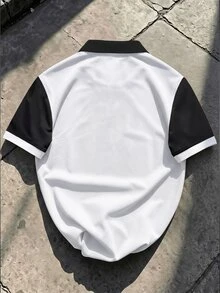 Manfinity Campus Court 男士美式街頭風拼色短袖 Polo 衫，星星與字母印花休閒上衣，男士街頭運動風拼色短袖 Polo 上衣 - 彩色 - 查看 2