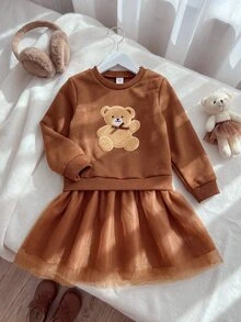 SHEIN Playful Pals 女童獨特鉤編愛心拼接套頭洋裝，粉色網紗下擺，甜美可愛時尚秋季愛心造型洋裝 - 棕色 - 查看 3
