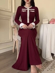 Modelyn Women's French Style Gentle Burgundy Textured Long Sleeve Chunky Knit Raw Edge Pearl Button Decorated Waist-Cinching Slimming Mermaid Mid-Length Bodycon Skirt - Burgundy - View 7