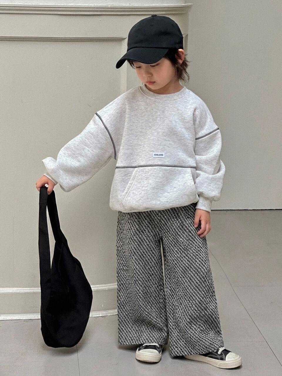 Young Boy Lazy Vintage Button Tweed Wide Leg Pants Fall