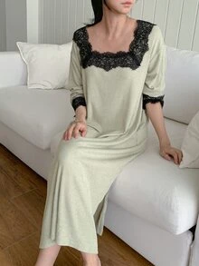 DAZY Women's Comfortable Versatile Lace Patchwork Long Sleeve Nightgown - Khaki - View 14