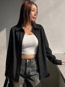 DAZY 休閒百搭純色長袖女款襯衫 - 黑色 - 查看 4