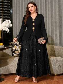 Reflora Plus Size Elegant Party Metallic Decor Top & Embroidered Mesh Skirt 2 Pieces Set - Black - View 4