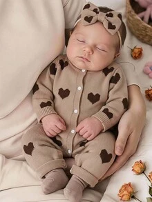 SHEIN Newborn Baby Girl Knit Autumn/Winter Cute Heart Pattern Romper - Multicolor - View 5